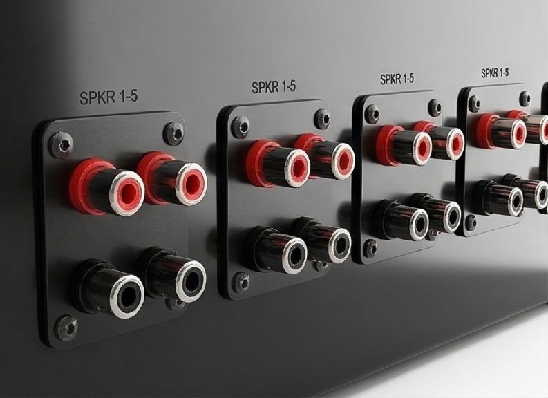 Smart School 360 rear panel closeup — SPKR zone speaker terminal connections