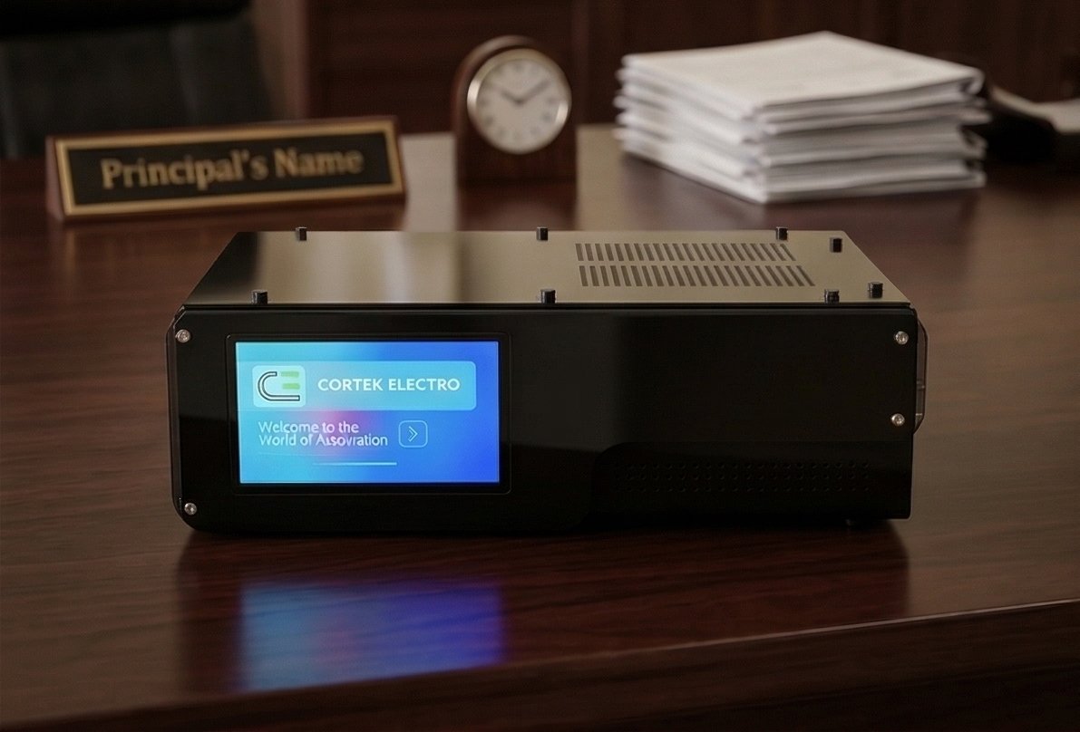Smart School 360 Z2 controller front view — touchscreen display on school principal's desk